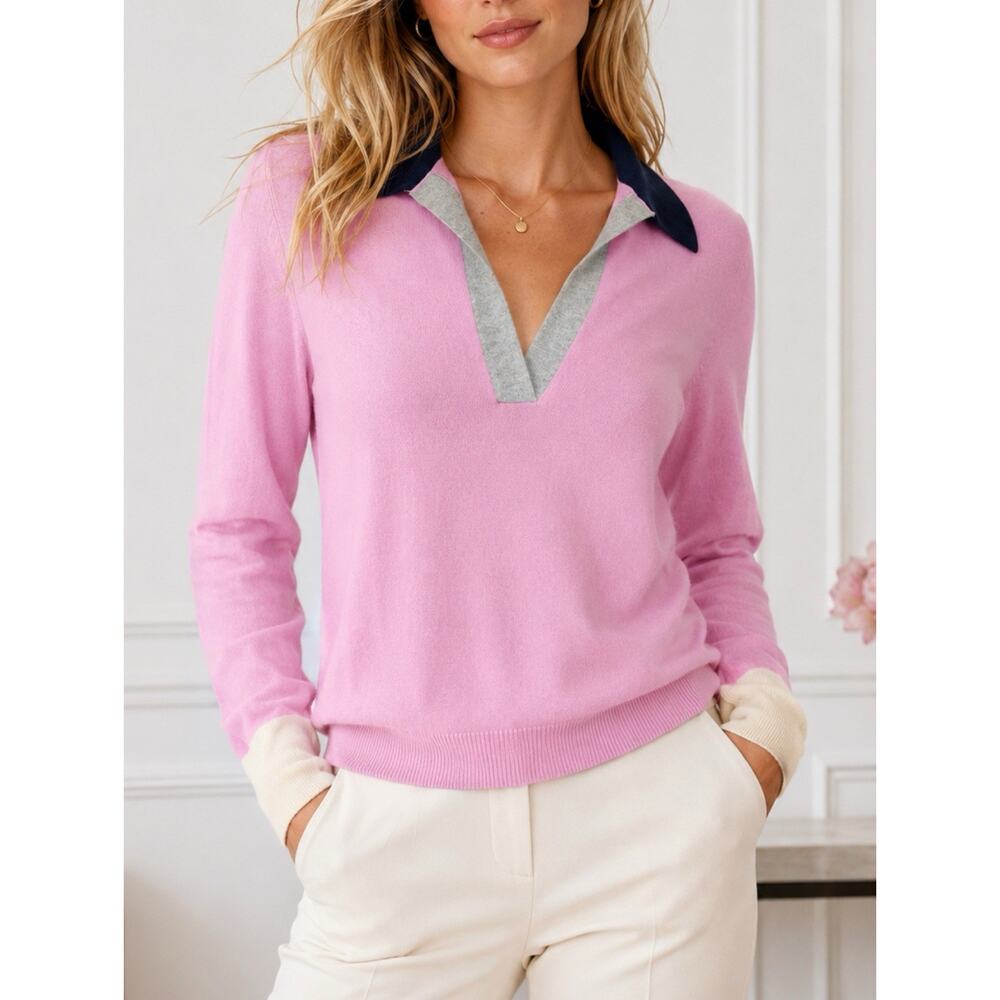 Boden Wool Knit Women Pink Colorblock Collared Polo Sweater Sz 8 Long Sleeve Top - Picture 8 of 9